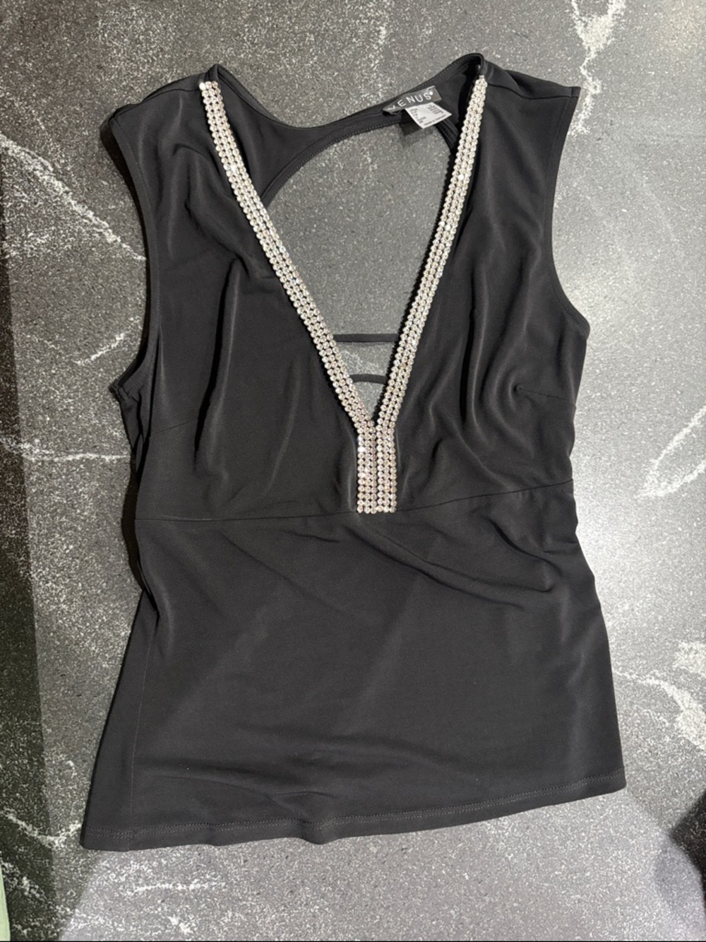 VENUS NWOT Black Sleeveless Tank with Rhinestone V-Neck